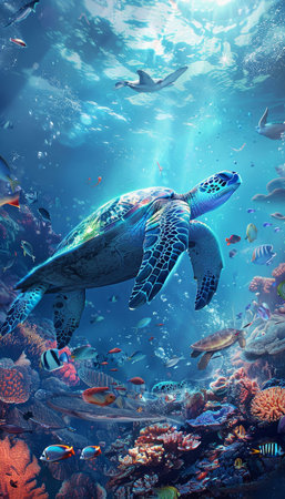 Colorful marine life with diverse aquatic animals and a majestic sea turtle in the deep oceanの写真素材