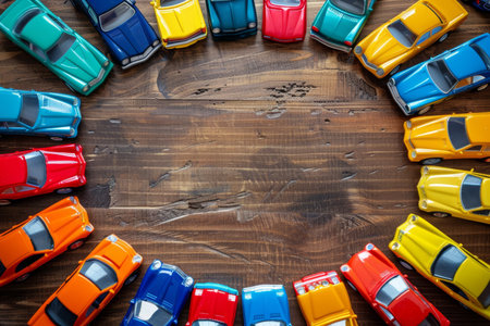 Top view of vibrant toy car collection arranged in circular fashion in children's playroomの写真素材