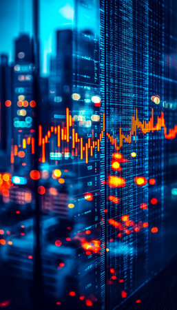 Vibrant digital charts pulsate with neon glow against a cityscape backdrop, capturing financial growth and dynamic market trends at night.の写真素材