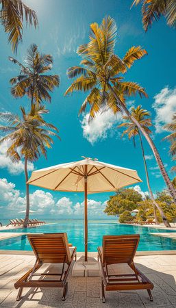 Luxury beach resort swimming pool, palm trees, seaside vacation, summer travel destinationの写真素材