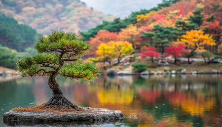 A resilient pine sapling clusters on a rugged stone, set against a vivid fall backdrop mirrored perfectly in tranquil waters, evoking peaceful resilieの写真素材