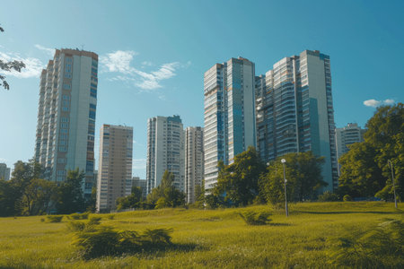 Modern apartment buildings in green residential area on a bright sunny day in a vibrant city settingの写真素材