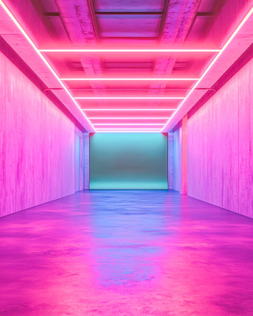 A sleek, underground passage illuminated by glowing pink and blue lights, evoking a cyberpunk...