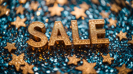 Bold, shimmering gold "sale" lettering stands out against a lively blue glitter backdrop, accented with festive star-shaped confetti for eye-catchingの写真素材