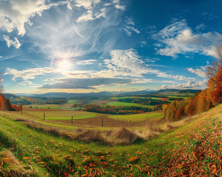 Enchanting autumn landscape. sunny panorama of rural idyll on a beautiful fall dayの写真素材
