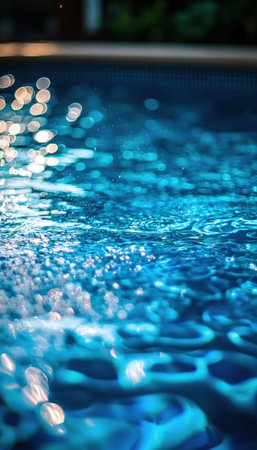 A detailed view of luminous blue pool water reflecting night lights, creating a tranquil and sparkling ambiance perfect for relaxing or evening gatherの写真素材