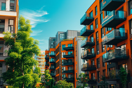 Sunny day in a vibrant city neighborhood with modern apartment buildings immersed in lush greeneryの写真素材