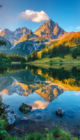 Sunny sunset at mountain lake zittauerhuette refuge, lower gerlossee, pinzgau, salzburg, austria