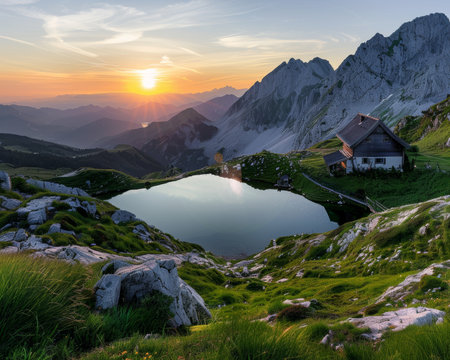 Spectacular sunset at zittauerhuette refuge, lower gerlossee, pinzgau, salzburg, austriaの写真素材