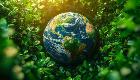 A vibrant depiction of our planet encased in dense, thriving greenery, emphasizing the importance of protecting natural ecosystems for future generatiの写真素材