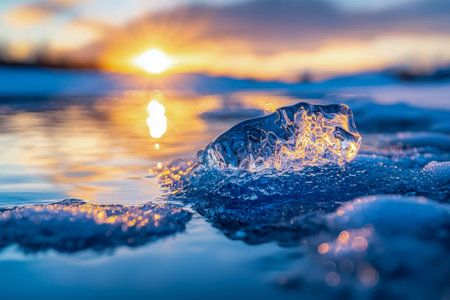 Vibrant sunset illuminates a melting ice cube floating in tranquil water, capturing fleeting...