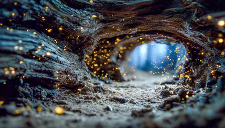 An intricate cross-section of a hollow tree trunk radiates a mystical glow as shimmering dust particles drift into a softly blurred backdrop.の写真素材