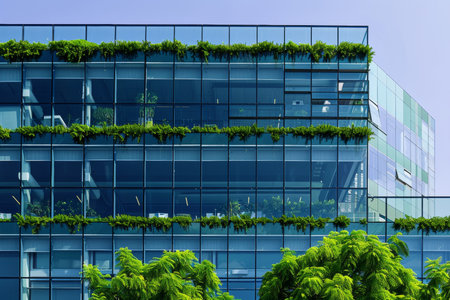 Modern sustainable green glass office building in city seamlessly blends with natural surroundingsの写真素材