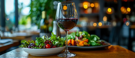 An inviting scene of a rich red wine glass paired with a colorful, crisp salad on warm wooden planks...