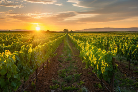 Scenic summer vineyard field at sunset with lush grapevines and beautiful orange skyの写真素材