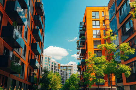 Modern apartment buildings in a sunny, green city residential area on a beautiful dayの写真素材