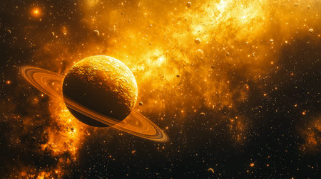 A vibrant scene showcasing a ringed celestial body floating within a blazing nebula of fiery reds...