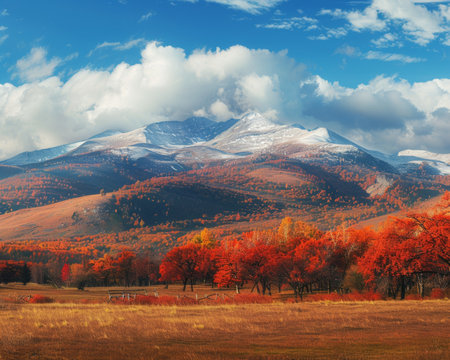 Vibrant high-quality sunny day panoramic mountain autumn landscape photo available for purchaseの写真素材