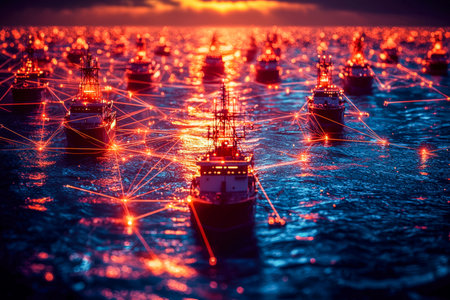 A fleet of illuminated ships by the sunset, linked by digital lines symbolizing a worldwide maritime communication system and advanced navigation.の写真素材