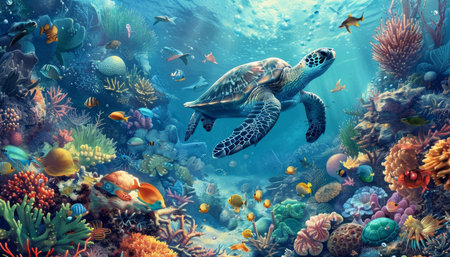 Vibrant underwater scene teeming with diverse marine creatures, including a majestic turtleの写真素材