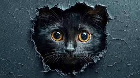 A charming black feline tilts its head curiously from a small opening, set against a rugged, matte...