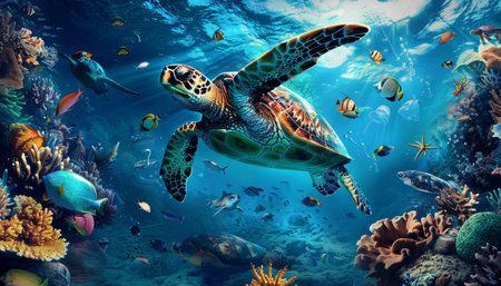 Underwater photo featuring vibrant marine life and a graceful turtle swimming in the ocean depths
