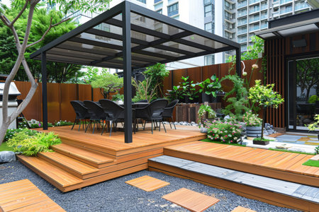 Luxurious morning oasis in outdoor garden with teak wood deck and elegant black pergola