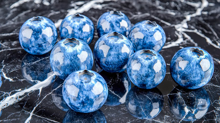 Glossy azure spheres rest on a sleek dark surface, their white reflections creating a captivating contrast and adding depth to a minimalist compositioの写真素材