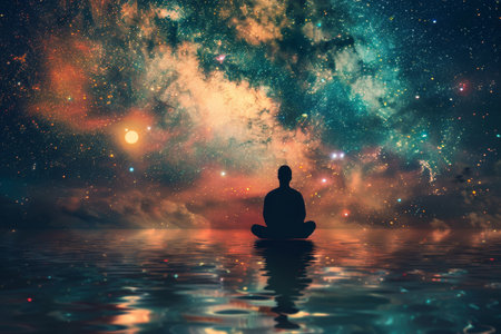 Silhouette meditating under full moon and stars, contemplating milky way in colorful night skyの写真素材