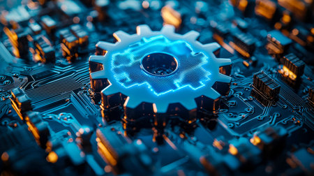 A sleek, luminous gear icon embedded on a dense circuit board illuminated by vibrant blue and orange...