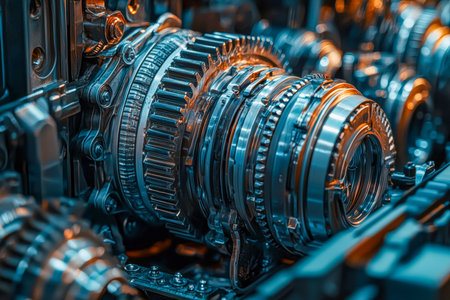 Intricate metal cogs and precise timing components interlock within a futuristic device, showcasing innovation and engineering mastery.の写真素材