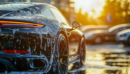 A sleek black sports car gleams as soap suds and water cascade during a sunset wash in a spacious parking lot, highlighting its glossy finish and dynaの写真素材