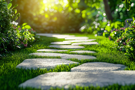 A tranquil garden trail featuring stone steps weaving through dense foliage, vibrant blossoms, and warm sunlight creating a peaceful outdoor retreat.の写真素材