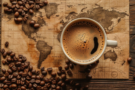 High-quality photo of coffee beans world drink with background featuring beans and world mapの写真素材