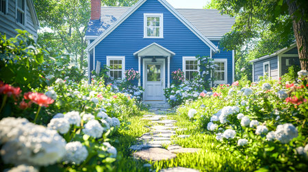 A cozy azure home nestled among vibrant blooms with a winding stone walkway, evoking a peaceful, picturesque garden retreat.の写真素材