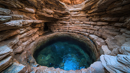 A rugged canyon featuring a deep, water-filled depression created by natural erosion, with jagged rocks lining its serene, reflective surface.の写真素材
