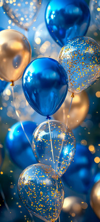 Bright blue and shimmering gold balloons mingle with colorful confetti, creating an lively, elegant atmosphere ideal for jubilant events and joyful ceの写真素材