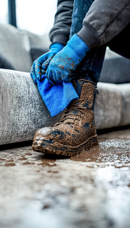 A person carefully wiping dirt from muddy footwear using a vibrant blue cloth inside a cozy room,...