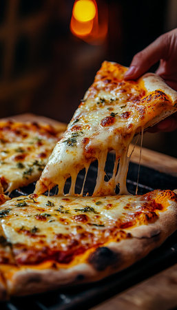 A hand grips a gooey, golden slice of pizza with cheese strings reaching out, set on rustic wood in a warm, inviting atmosphere.の写真素材