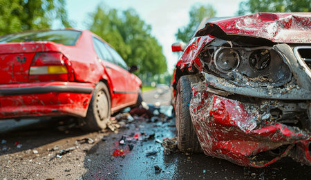 Two crumpled red vehicles rest amidst rural scenery, debris scattered on a quiet lane, capturing the aftermath of a recent collision in a peaceful couの写真素材
