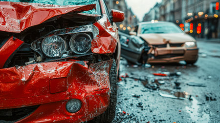 A chaotic urban scene featuring two topped cars ? a crimson and a beige vehicle ? amid scattered...