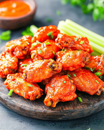 Juicy, fiery chicken wings coated in bold buffalo sauce, served alongside crunchy celery sticks and creamy dipping sauce for a flavorful snackの写真素材
