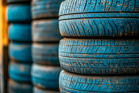 Weathered blue rubber tires piled high, revealing intricate tread patterns and marks from extensive...