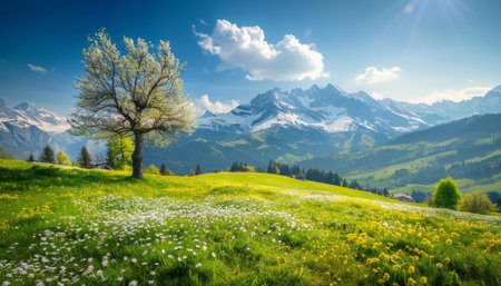 Scenic alpine landscape with colorful blooming meadows in spring on a bright and sunny dayの写真素材