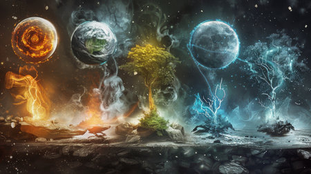 Five elements of nature. air, water, fire, earth, and space - creation of natures forceの写真素材