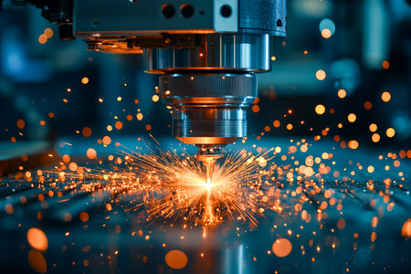 Bright sparks and radiant glow illuminate a metal joint as precise laser technology fuses components in a high-tech workshop setting.の写真素材