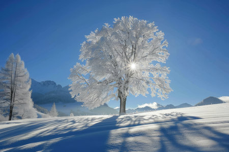 Finnish alpine landscape with frozen tree at dawn - magical winter atmosphere, long exposure shotの写真素材