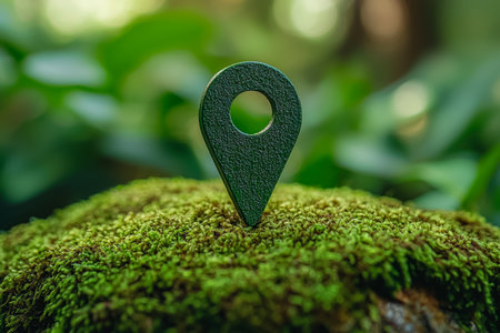 A vibrant green map pin rests atop a moss-covered log nestled within a vibrant, leafy forest, evoking adventure and exploration in nature.の写真素材