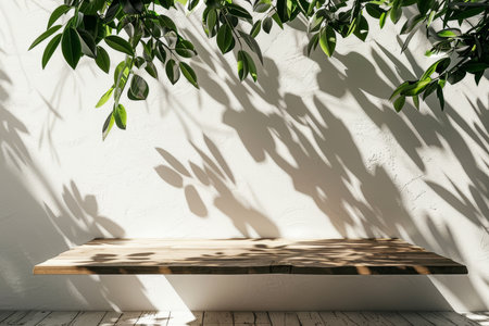 Empty wooden table with plant shadows, brown tabletop, sunny day terrace product mockupの写真素材