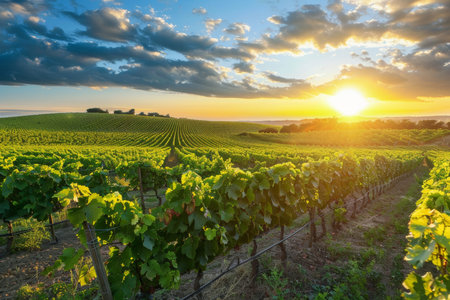 Tranquil view of lush vineyard field bathed in the golden light of a summer sunsetの写真素材